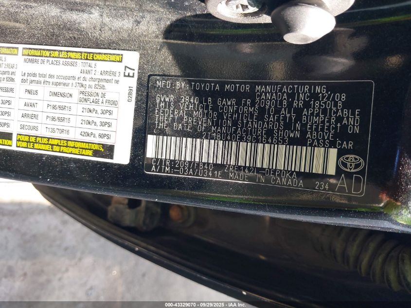 2009 Toyota Corolla Le VIN: 2T1BU40E39C164653 Lot: 43329070