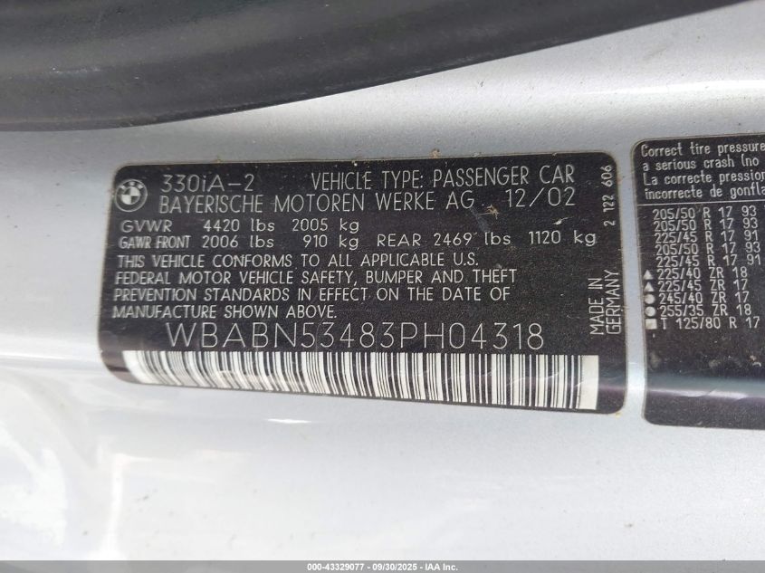 2003 BMW 330Ci VIN: WBABN53483PH04318 Lot: 43329077