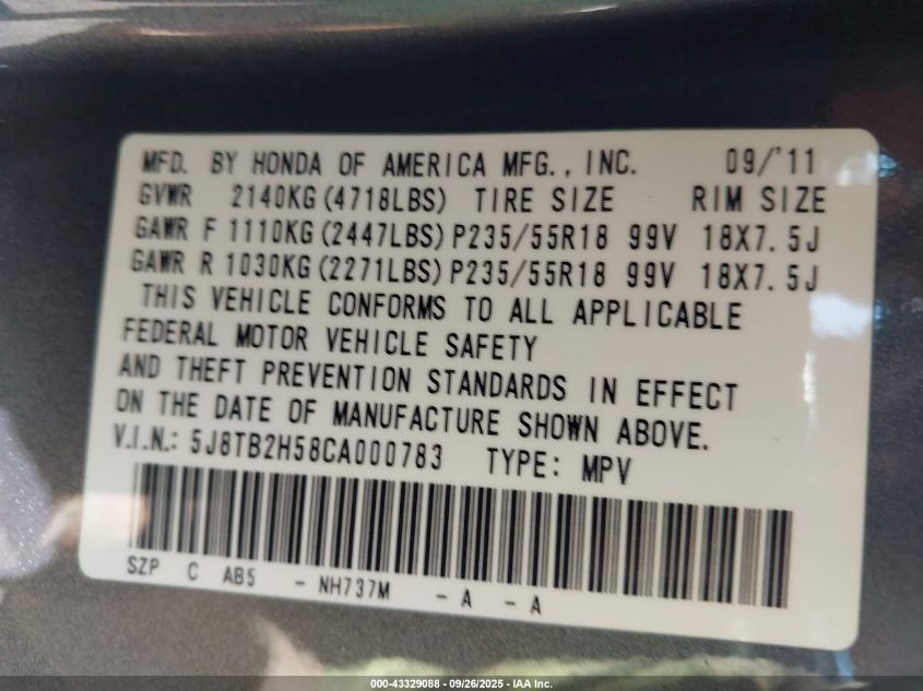 2012 Acura Rdx VIN: 5J8TB2H58CA000783 Lot: 43329088