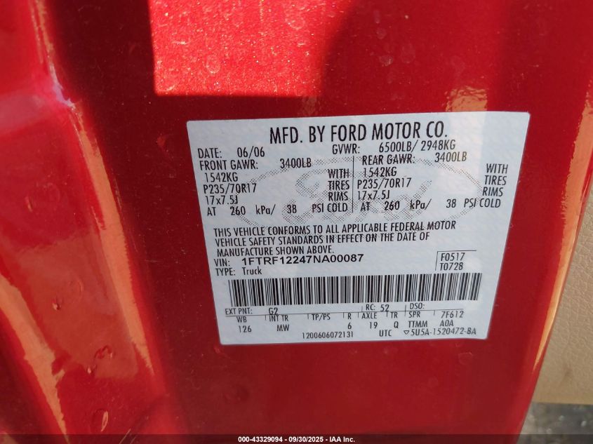 2007 Ford F-150 Stx/Xl/Xlt VIN: 1FTRF12247NA00087 Lot: 43329094