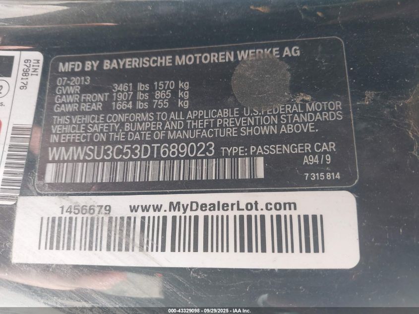 2013 Mini Hardtop Cooper VIN: WMWSU3C53DT689023 Lot: 43329098