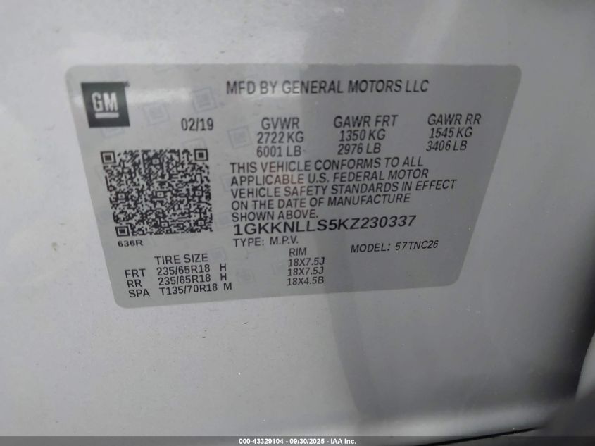 2019 GMC Acadia Sle-2 VIN: 1GKKNLLS5KZ230337 Lot: 43329104