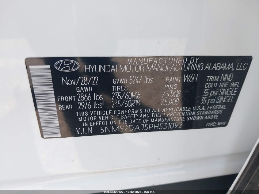 2023 Hyundai Santa Fe Sel VIN: 5NMS2DAJ5PH531092 Lot: 43329122