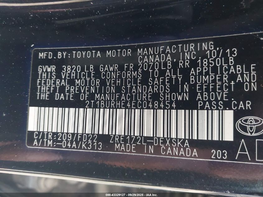 2014 Toyota Corolla S VIN: 2T1BURHE4EC048454 Lot: 43329127