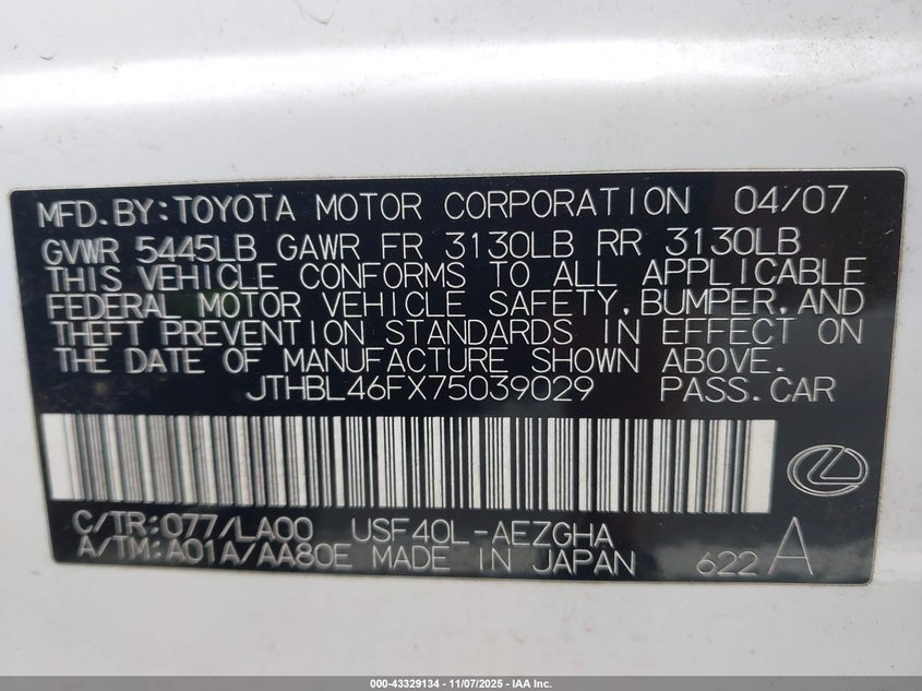 2007 Lexus Ls 460 VIN: JTHBL46FX75039029 Lot: 43329134