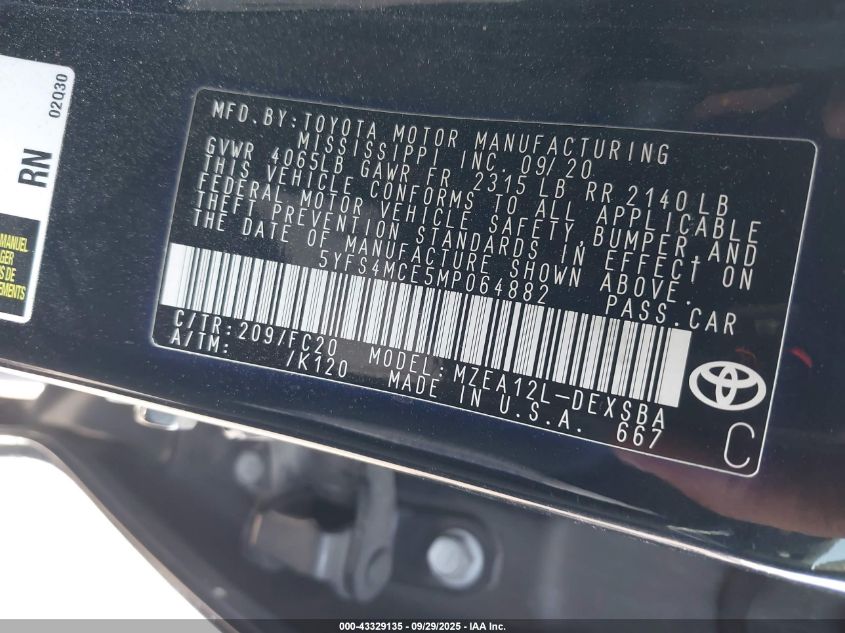 2021 Toyota Corolla Se VIN: 5YFS4MCE5MP064882 Lot: 43329135