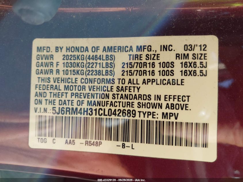 2012 Honda Cr-V Lx VIN: 5J6RM4H31CL042689 Lot: 43329139