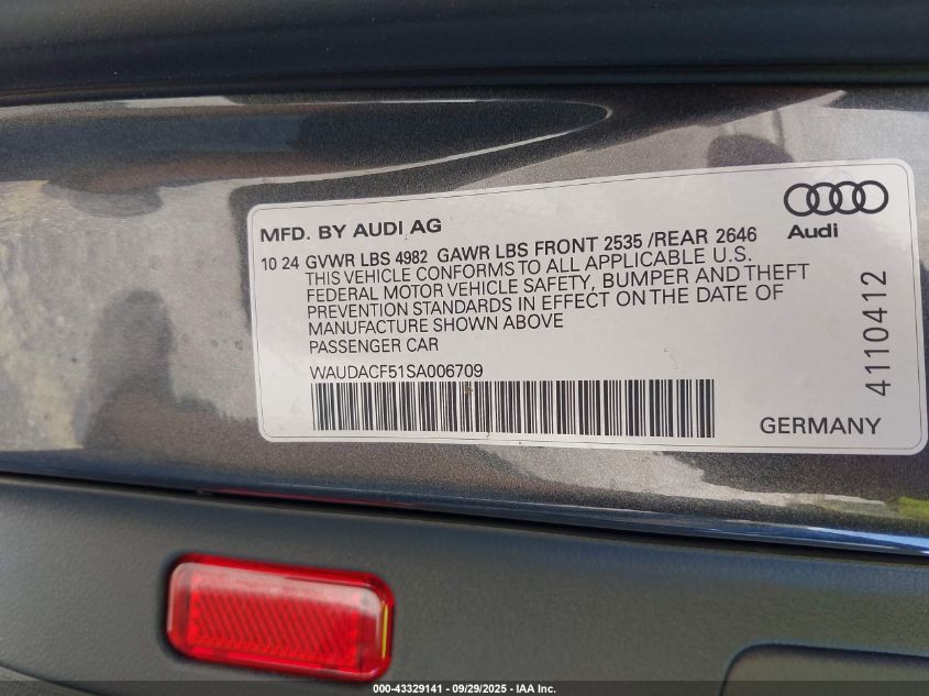 2025 Audi A5 Sportback Premium 45 Tfsi S Line Quattro S Tronic VIN: WAUDACF51SA006709 Lot: 43329141