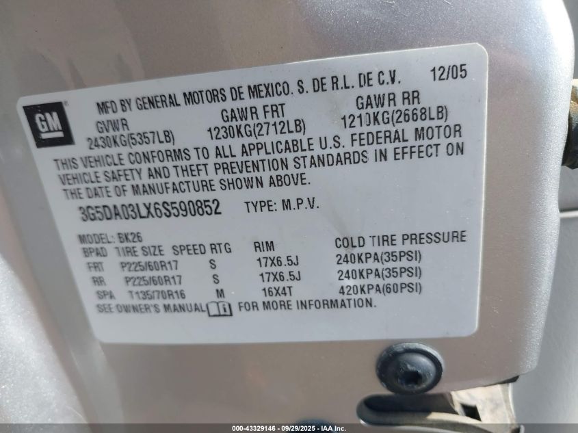 2006 Buick Rendezvous Cx VIN: 3G5DA03LX6S590852 Lot: 43329146