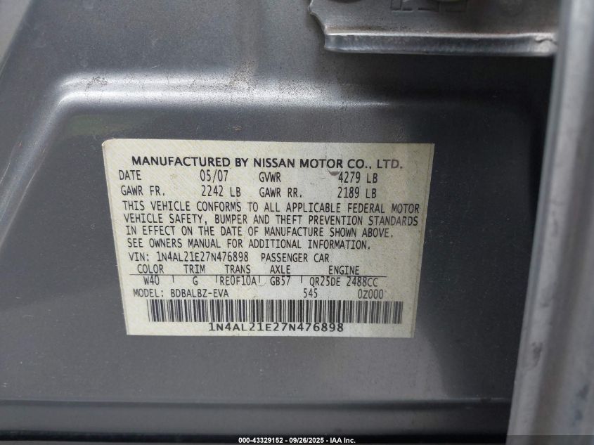 2007 Nissan Altima 2.5 S VIN: 1N4AL21E27N476898 Lot: 43329152