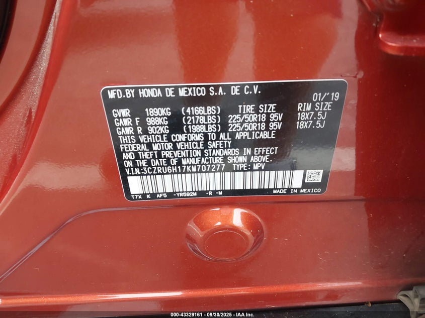 2019 HONDA HR-V SPORT - 3CZRU6H17KM707277