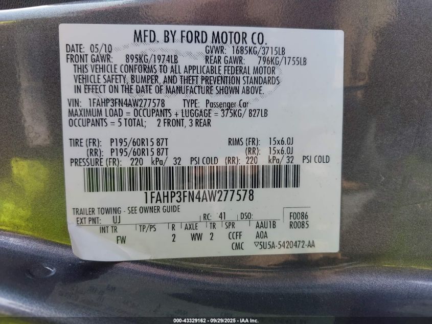 2010 Ford Focus Se VIN: 1FAHP3FN4AW277578 Lot: 43329162