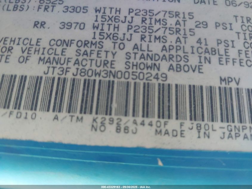 1992 Toyota Land Cruiser Fj80 VIN: JT3FJ80W3N0050249 Lot: 43329163