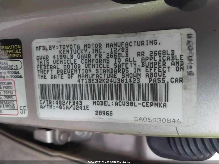 2004 Toyota Camry Le VIN: 4T1BE32K24U301423 Lot: 43329171