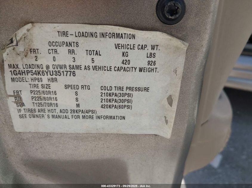 2000 Buick Lesabre Custom VIN: 1G4HP54K6YU351776 Lot: 43329173