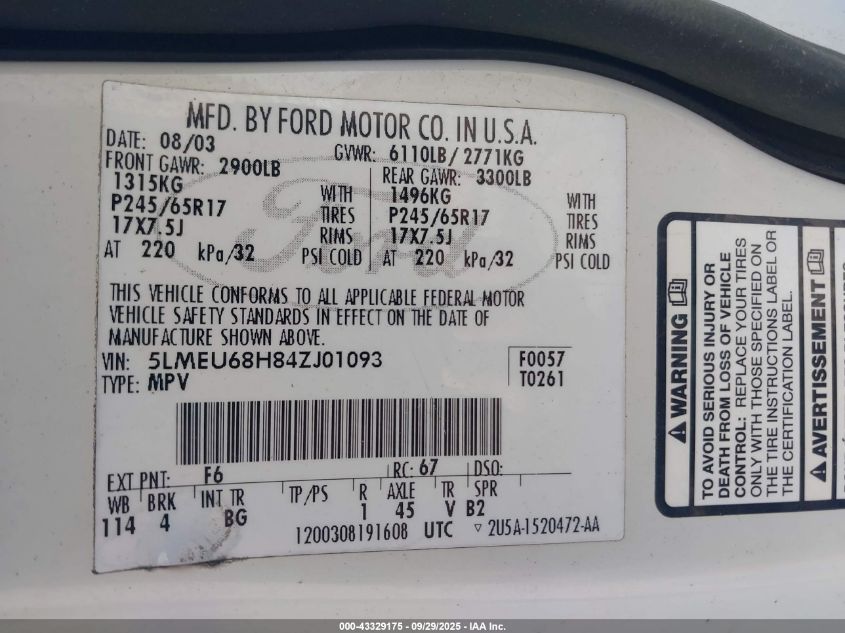 2004 Lincoln Aviator VIN: 5LMEU68H84ZJ01093 Lot: 43329175