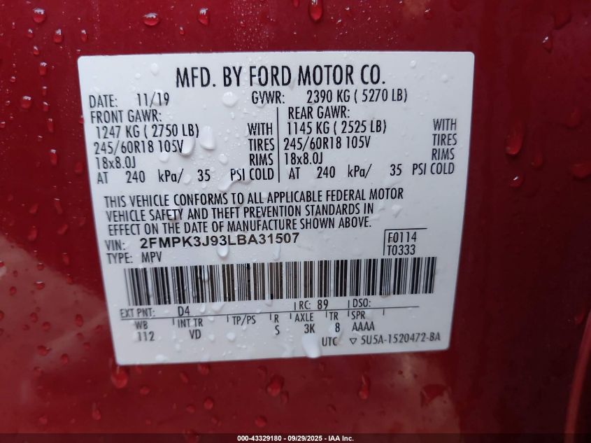 2020 Ford Edge Sel VIN: 2FMPK3J93LBA31507 Lot: 43329180