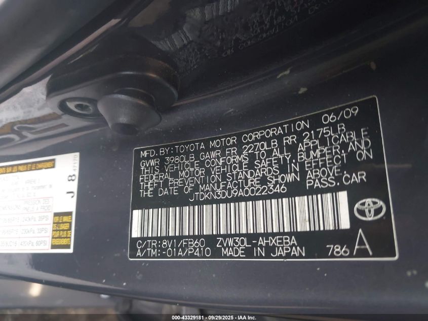 2010 Toyota Prius Iii VIN: JTDKN3DU9A0022346 Lot: 43329181