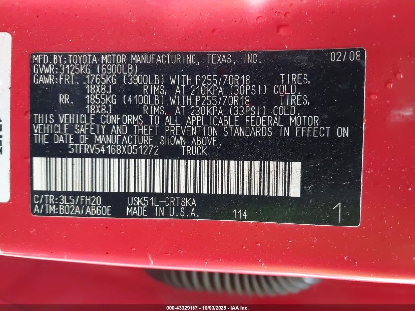 2008 Toyota Tundra Sr5 5.7L V8 VIN: 5TFRV54168X051272 Lot: 43329187