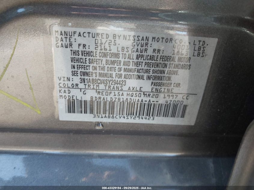 2025 Nissan Sentra Sv VIN: 3N1AB8CV4SY294423 Lot: 43329194