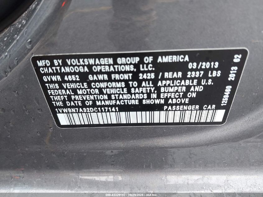2013 Volkswagen Passat 2.0L Tdi Se VIN: 1VWBN7A32DC117141 Lot: 43329193