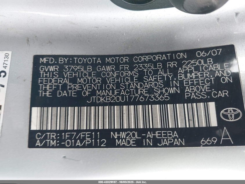 2007 Toyota Prius VIN: JTDKB20U177673365 Lot: 43329197