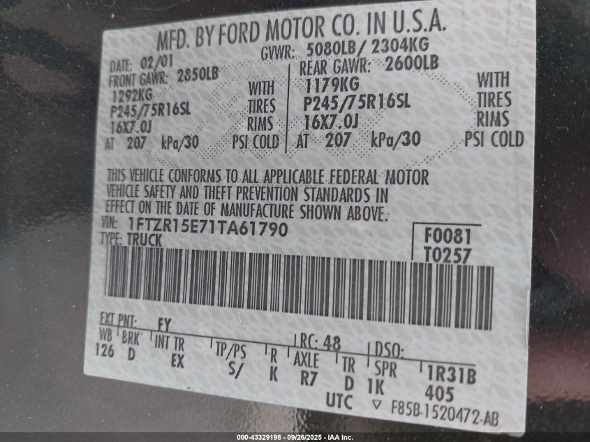 2001 Ford Ranger Edge/Xlt VIN: 1FTZR15E71TA61790 Lot: 43329198