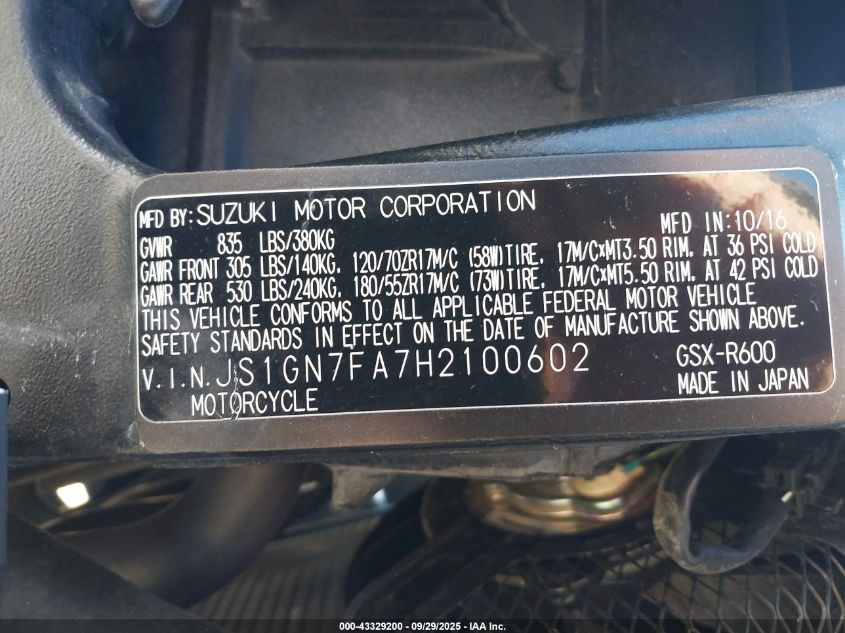 2017 Suzuki Gsx-R600 VIN: JS1GN7FA7H2100602 Lot: 43329200