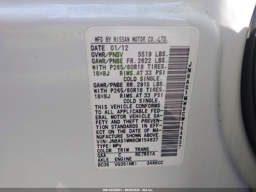 2012 Infiniti Fx35 VIN: JN8AS1MW8CM154637 Lot: 43329201