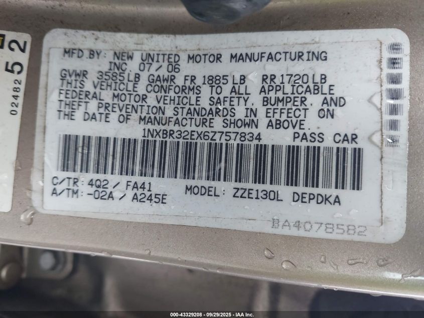 2006 Toyota Corolla Ce VIN: 1NXBR32EX6Z757834 Lot: 43329208