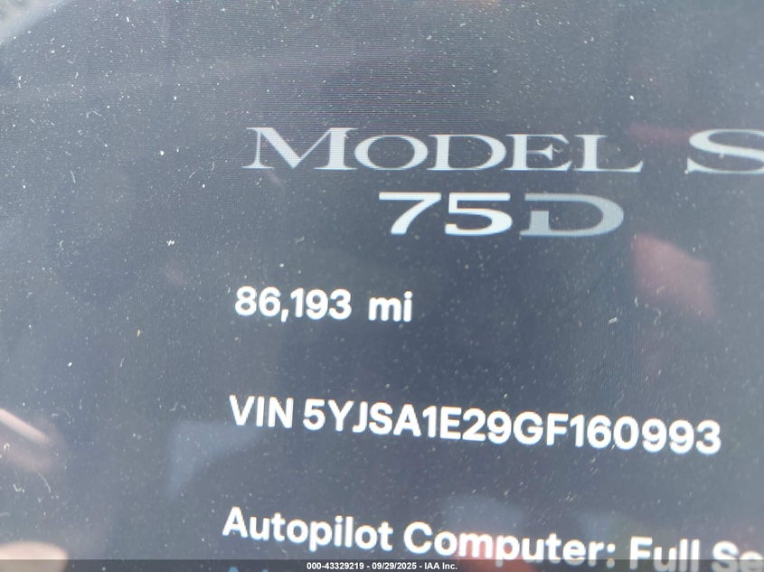 2016 Tesla Model S 60D/70D/75D/85D/90D VIN: 5YJSA1E29GF160993 Lot: 43329219