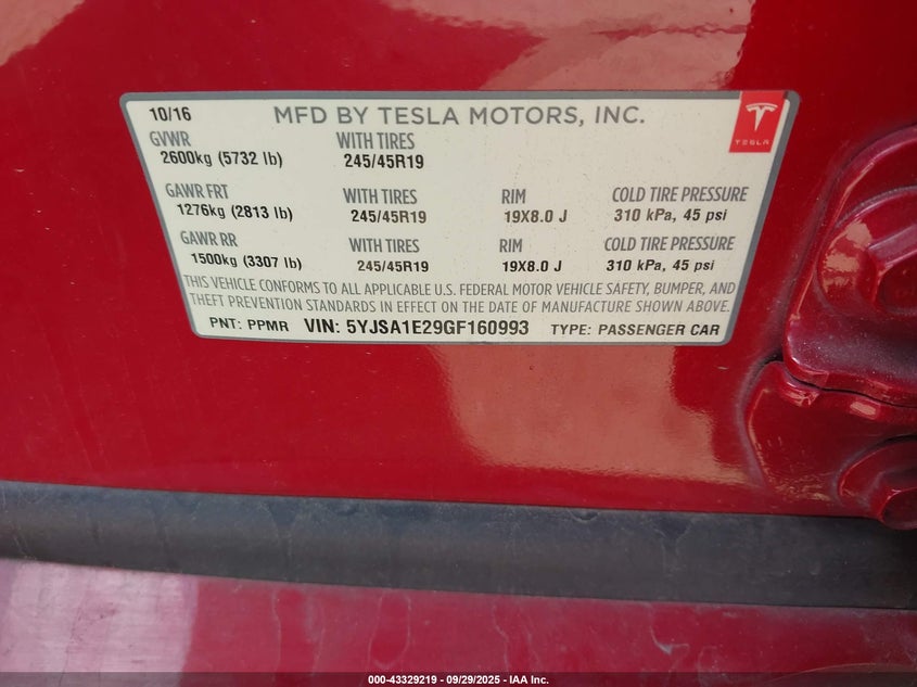 2016 Tesla Model S 60D/70D/75D/85D/90D VIN: 5YJSA1E29GF160993 Lot: 43329219