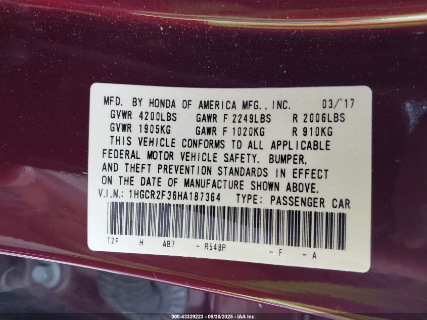 2017 Honda Accord Lx VIN: 1HGCR2F36HA187364 Lot: 43329223