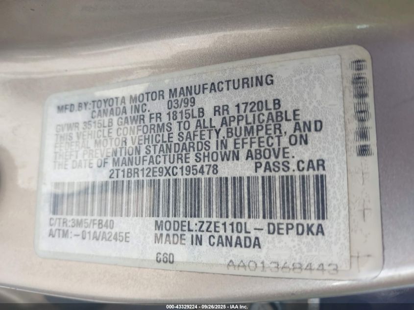 1999 Toyota Corolla Ce VIN: 2T1BR12E9XC195478 Lot: 43329224