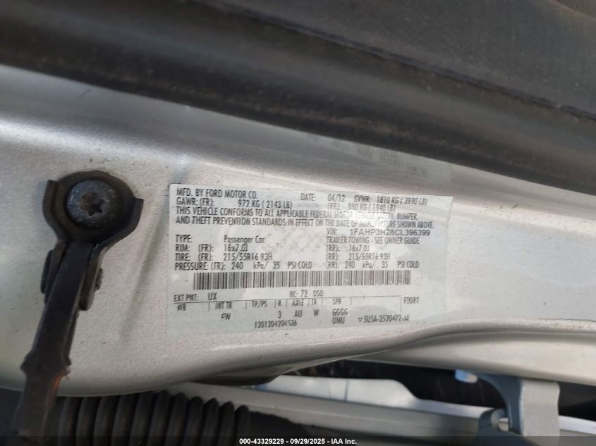 2012 Ford Focus Sel VIN: 1FAHP3H28CL396399 Lot: 43329229