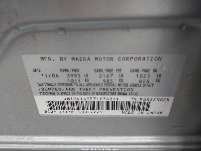 2007 Mazda Mazda3 S Sport VIN: JM1BK143571674811 Lot: 43329235