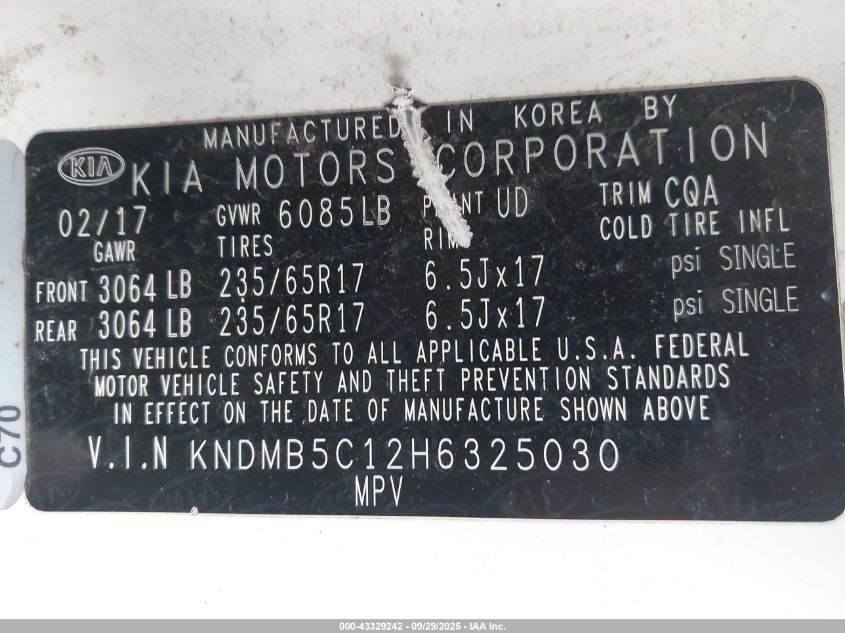 2017 Kia Sedona Lx VIN: KNDMB5C12H6325030 Lot: 43329242