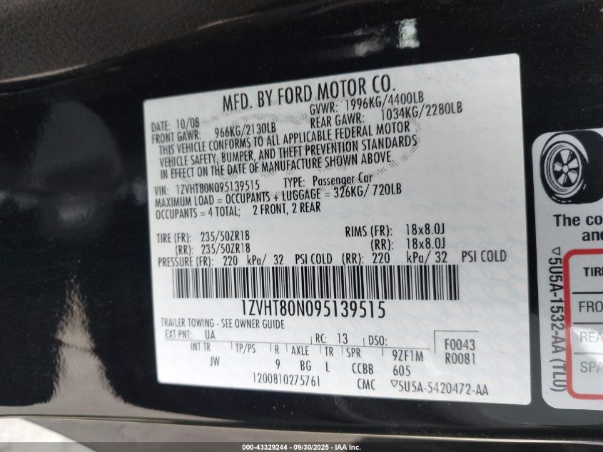 2009 Ford Mustang V6/V6 Premium VIN: 1ZVHT80N095139515 Lot: 43329244