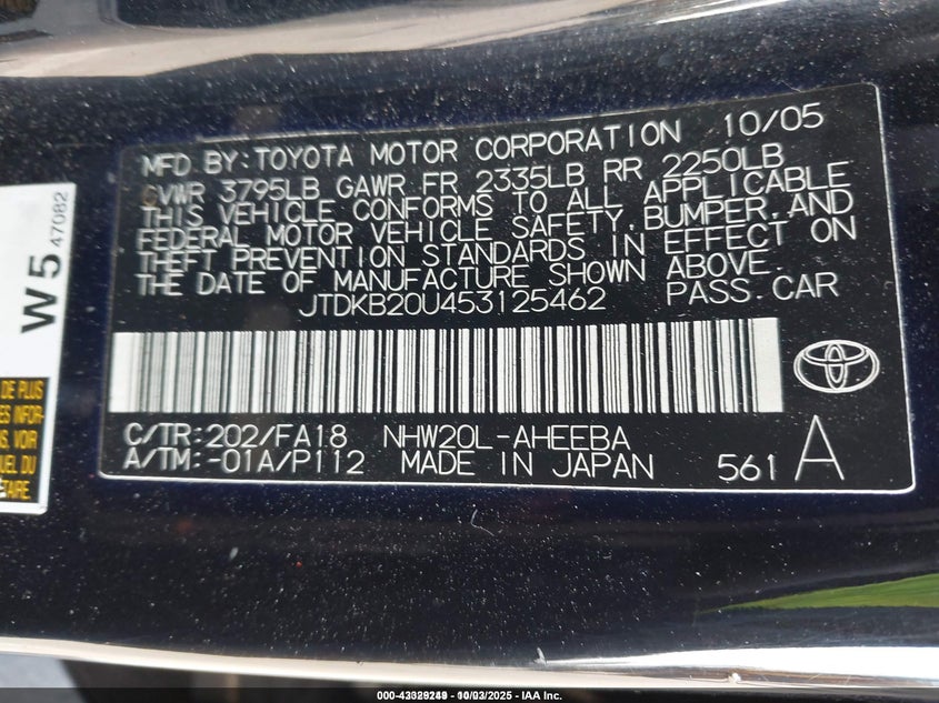 2005 Toyota Prius VIN: JTDKB20U453125462 Lot: 43329249
