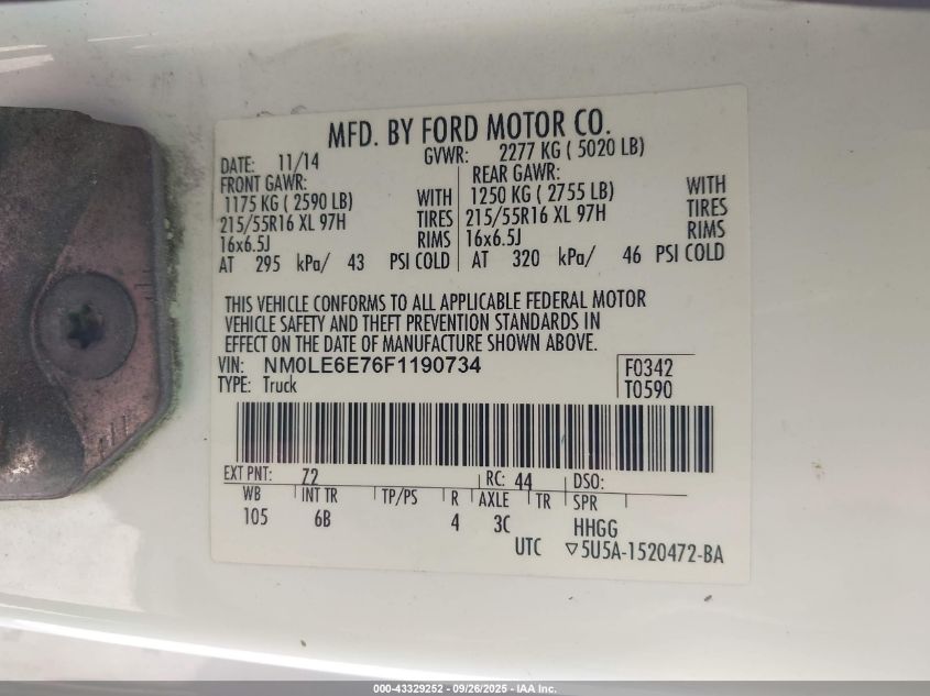 2015 Ford Transit Connect Xl VIN: NM0LE6E76F1190734 Lot: 43329252