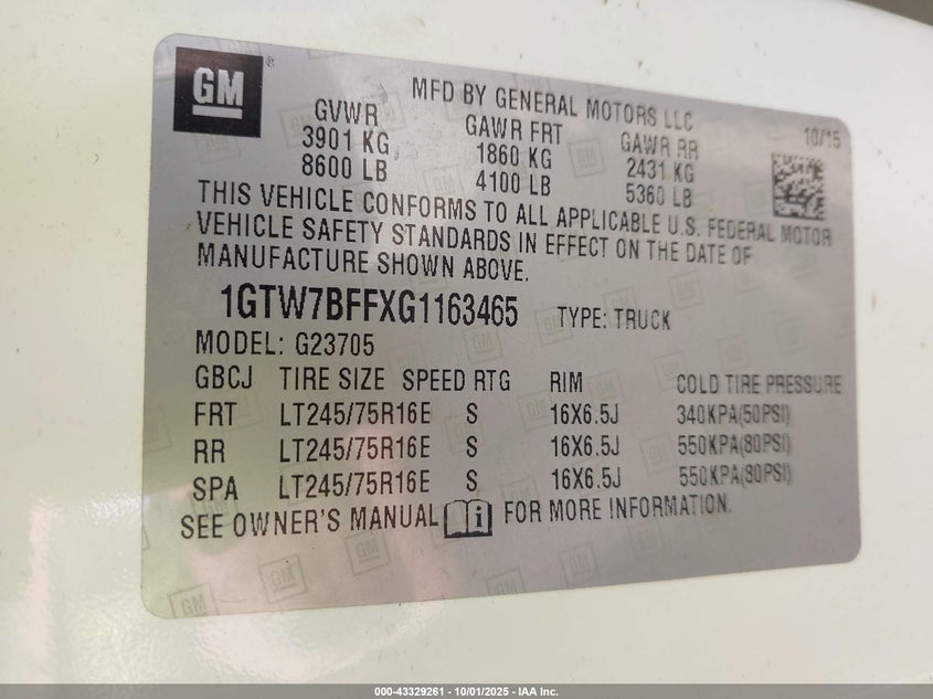 2016 GMC Savana 2500 Work Van VIN: 1GTW7BFFXG1163465 Lot: 43329261