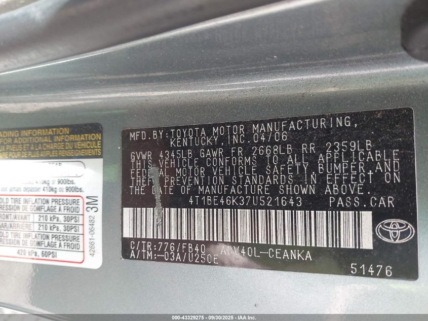 2007 Toyota Camry Le VIN: 4T1BE46K37U521643 Lot: 43329275