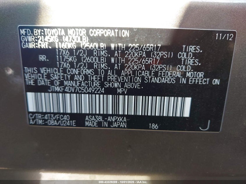 2012 Toyota Rav4 VIN: JTMKF4DV7C5049224 Lot: 43329289