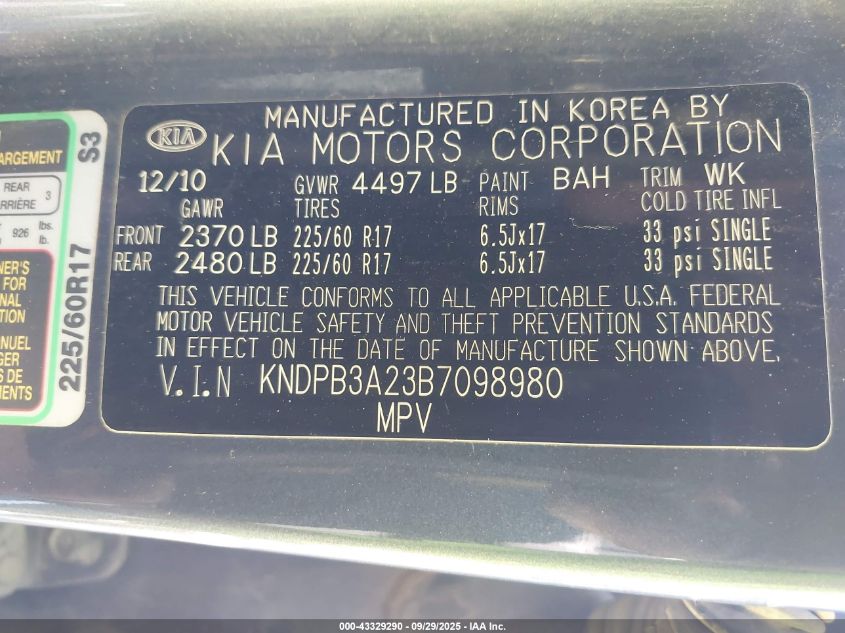 2011 Kia Sportage Lx VIN: KNDPB3A23B7098980 Lot: 43329290