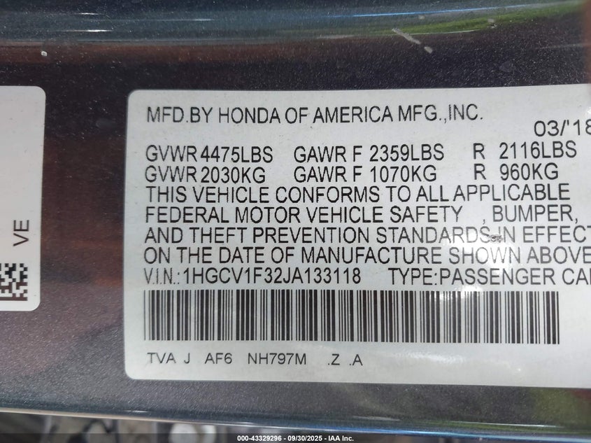 2018 HONDA ACCORD SPORT - 1HGCV1F32JA133118