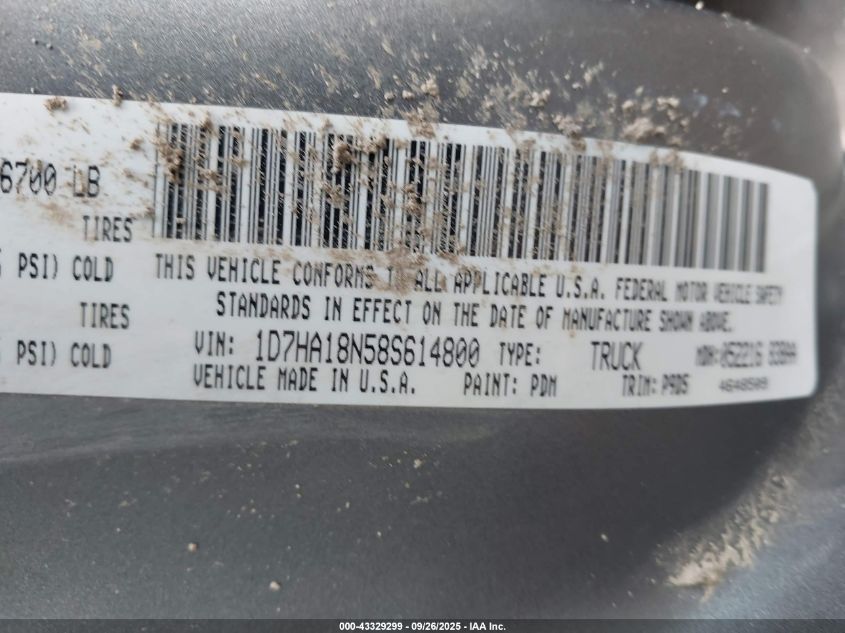 2008 Dodge Ram 1500 St/Sxt VIN: 1D7HA18N58S614800 Lot: 43329299