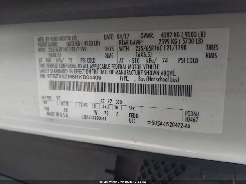 2017 Ford Transit-350 Xlt VIN: 1FBZX2ZM8HKB04406 Lot: 43329307