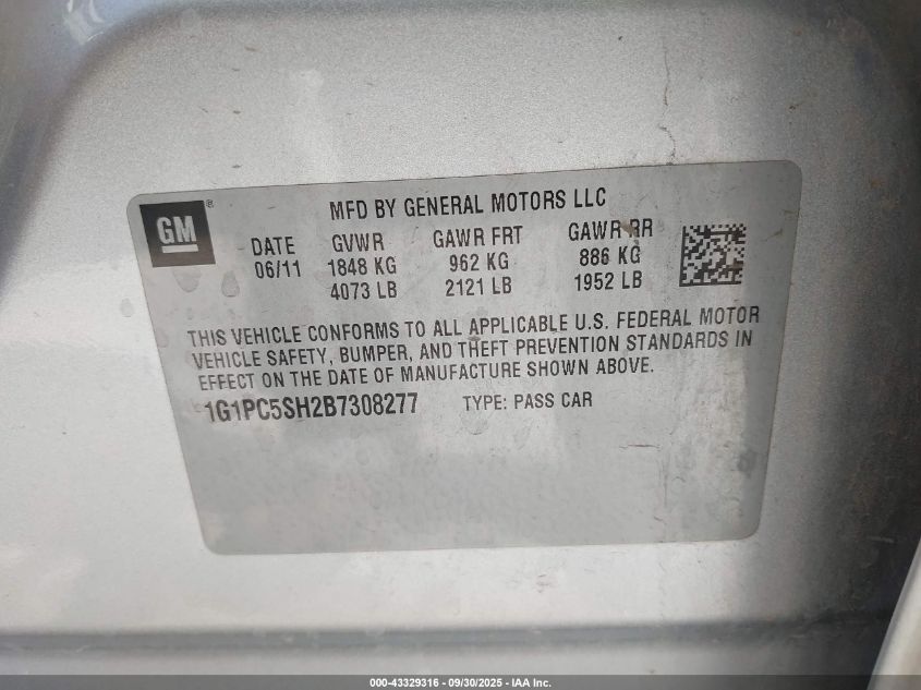 2011 Chevrolet Cruze Ls VIN: 1G1PC5SH2B7308277 Lot: 43329316