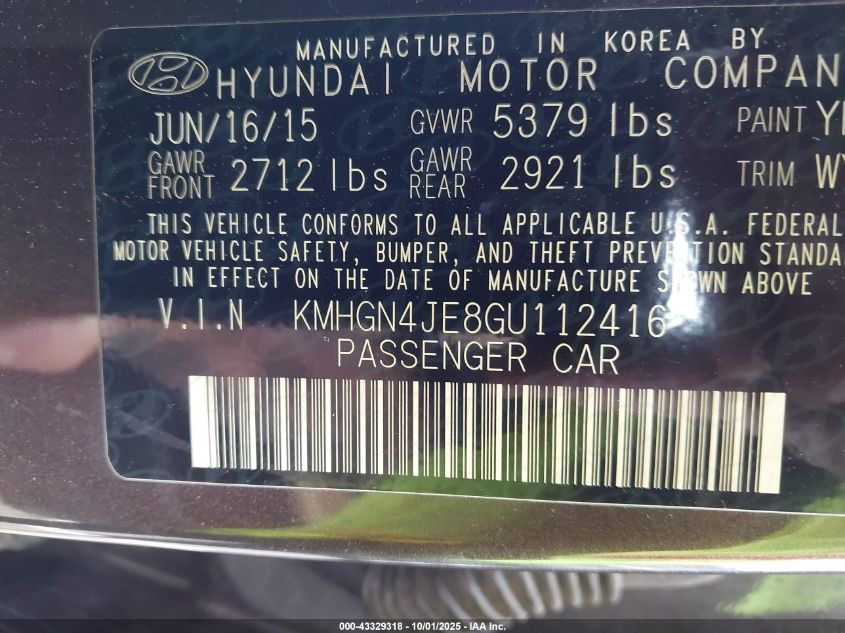 2016 HYUNDAI GENESIS 3.8 - KMHGN4JE8GU112416