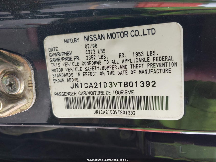 1997 Nissan Maxima Gle/Gxe/Se VIN: JN1CA21D3VT801392 Lot: 43329320